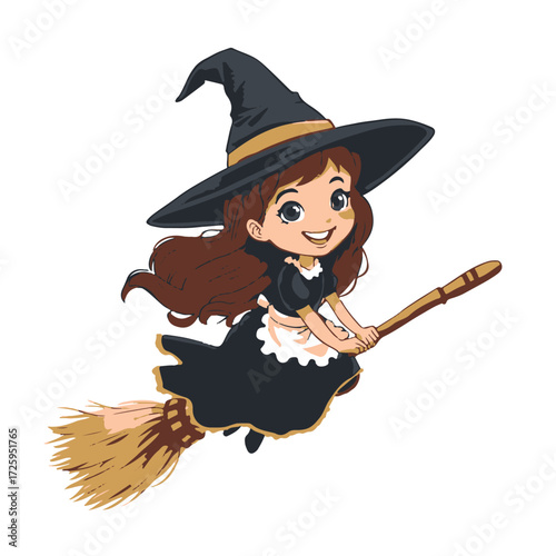 Young witch girl flying on broomstick, isolated on white background