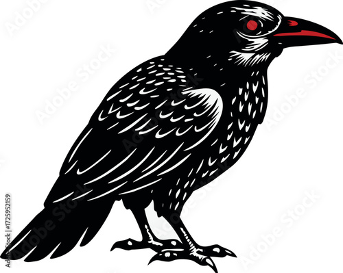 Stylized Black Crow with Red Beak and Eyes Vector Illustration