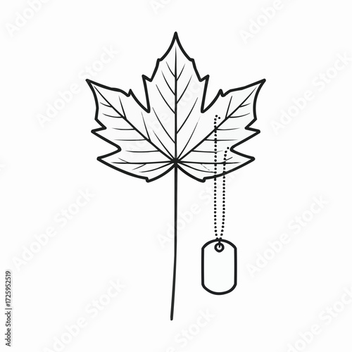 Leaf with dog tag illustration, minimalist design, remembrance and tribute concept
