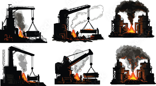 Steel factory silhouettes with molten metal, heavy industry workers, smelting furnaces, industrial smoke, crane machinery, metallurgical plant vector illustration design