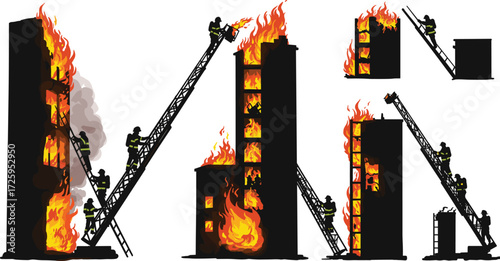 Firefighters extinguishing building blaze, emergency scene, rescue team, ladder operations, urban fire, safety, silhouettes, teamwork, burning structure