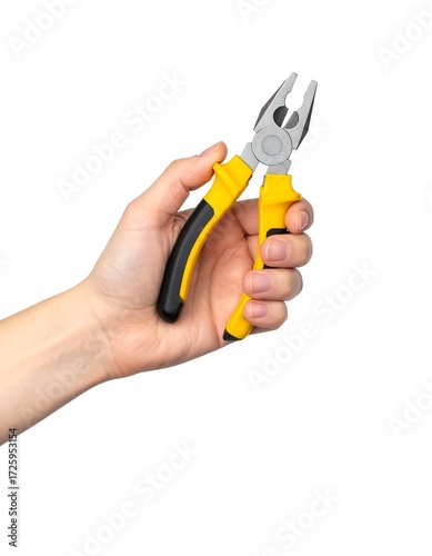 Hand holding pliers against white background