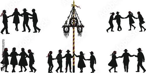 maypole, folk dance, spring festival, silhouette, traditional costume, ribbons, celebration, cultural, festive, couples, greenery, floral, heritage, seasonal, outdoor, joyful, europe, tradition