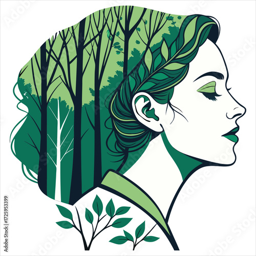 This is an artistic illustration featuring a woman's profile in green tones. Her hair is creatively depicted as a forest canopy with tree branches and leaves, seamlessly blending with the trees in the