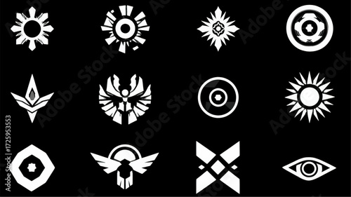 A diverse collection of twelve white abstract geometric symbols.