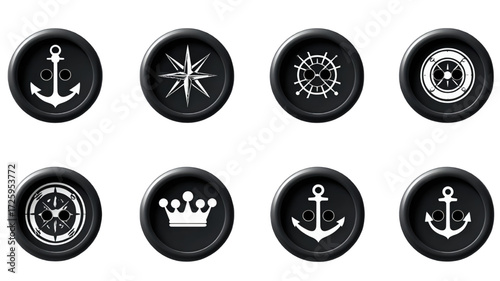 Collection of black wax seals with nautical and royal symbols.