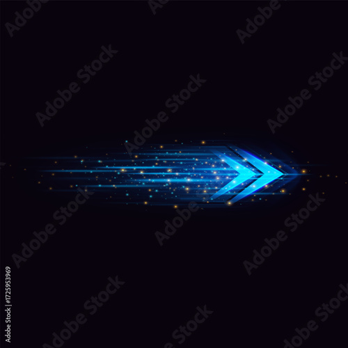 Speed rush arrows blue neon glowing, light speed dynamic arrow on dark background, energy flow with acceleration effect