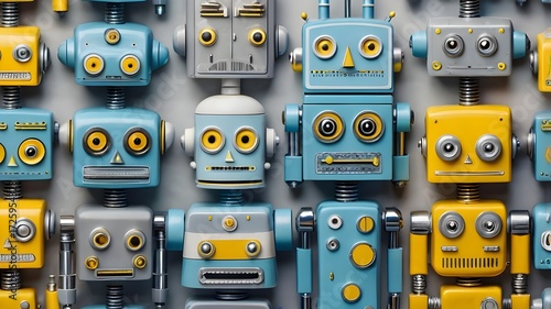 Seamless wallpaper design with adorable cartoon robots in pastel blue, yellow, and gray tones, futuristic yet playful style, minimal geometric background,Generative Ai

