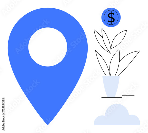 Blue location pin and a potted plant with a dollar sign bloom, symbolizing financial growth and investment. Ideal for business, finance, growth strategy, innovation, sustainability, location-based