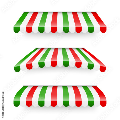 Shop sunshade. Realistic striped cafe awning. Outdoor market tent. Roof canopy in Italian flag colors. Summer street store. Vector illustration