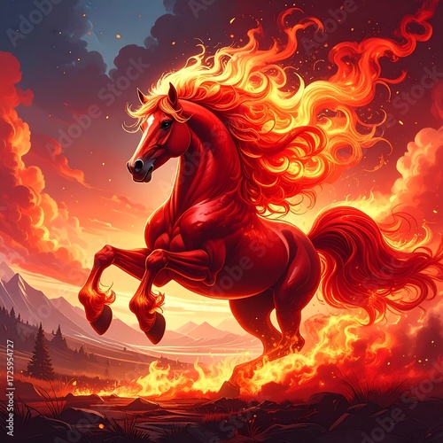 Fiery horse leaping amidst flames