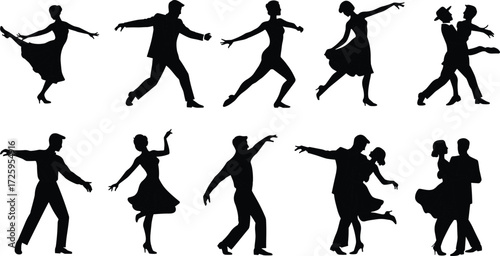 Dancing couple and solo dancer silhouettes, elegant motion poses, formal attire, expressive rhythm, retro dance art, graceful movement