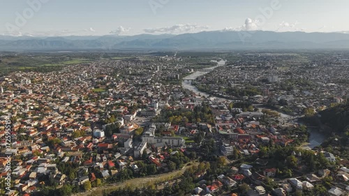 Aerial view of Kutaisi with the Rioni River and Mountains