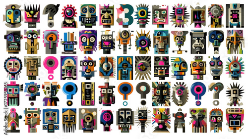 Vibrant collection of abstract tribal and robotic masks.