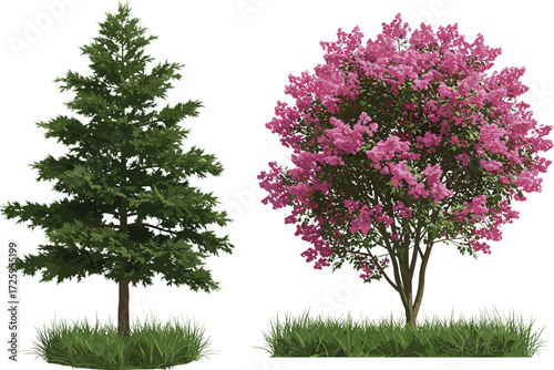 Evergreen tree with dense green foliage, flowering shrub with pink blossoms, natural garden landscape, botanical contrast, outdoor plants, seasonal beauty