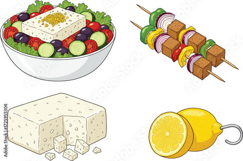 Greek feta cheese salad, tofu vegetable skewers, and lemon illustrations, a set of vegetarian and healthy food vector resources