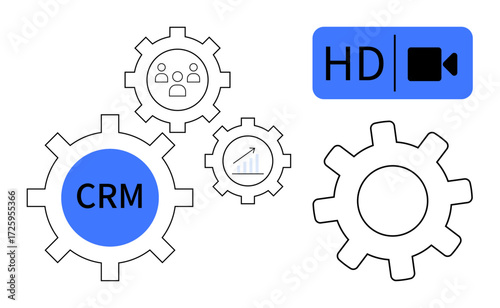 Gears labeled CRM, analytics, and video integration highlight process synergy, team collaboration, and growth. Ideal for marketing, business strategy, customer support, technology workflow