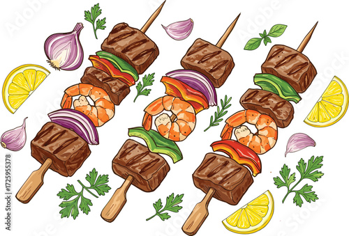 Hand drawn delicious beef and shrimp skewers with vegetables, herbs, and lemon, a barbecue food vector illustration
