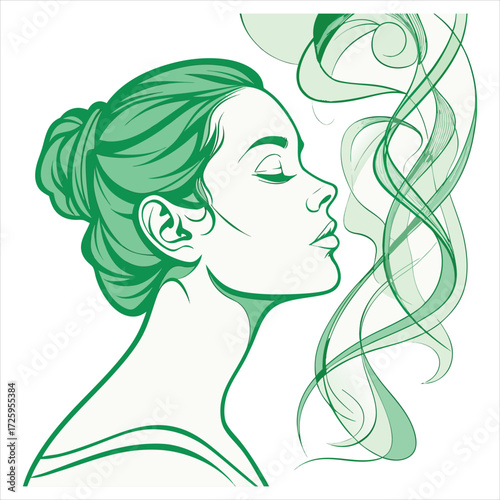 This is an artistic illustration featuring a woman's profile in green tones. Her hair is creatively depicted as a forest canopy with tree branches and leaves, seamlessly blending with the trees in the