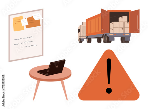 Cargo truck with open trailer, packages, warning sign, wall board, and a desk with laptop. Ideal for freight safety, logistics, shipping, supply chain risk management planning communication