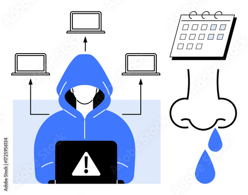 Hacker in hoodie using laptop with warning sign, arrows connecting laptops, calendar dripping liquid. Ideal for cybersecurity, hacking, data breach, vulnerability, digital risks, malicious activity