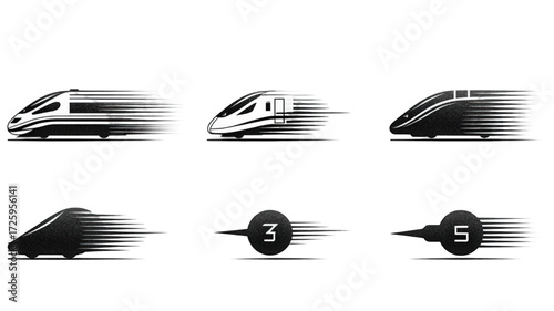 Set of high speed train icons with motion blur effect.