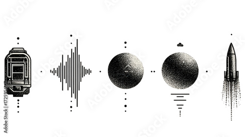 Monochrome graphic icon set with train soundwave moon and bullet.