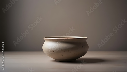 Minimalist pottery bowl on a wooden surface against a neutral backdrop, showcasing craftsmanship and simple elegance