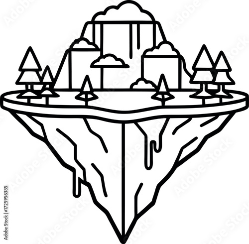 Floating island with waterfalls illustration on transparent background