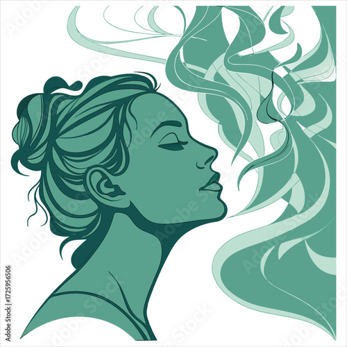 This is an artistic illustration featuring a woman's profile in green tones. Her hair is creatively depicted as a forest canopy with tree branches and leaves, seamlessly blending with the trees in the