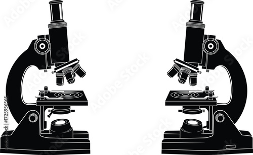 Two microscopes black silhouettes for scientific research and medical use, isolated vector illustration for laboratory and science graphics