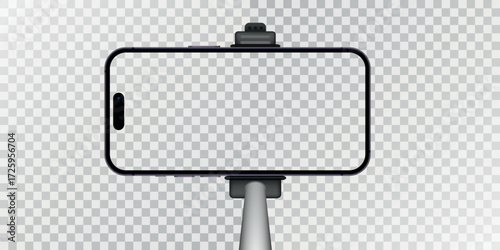 Hand holding a selfie stick with mobile phone isolated on transparent background.