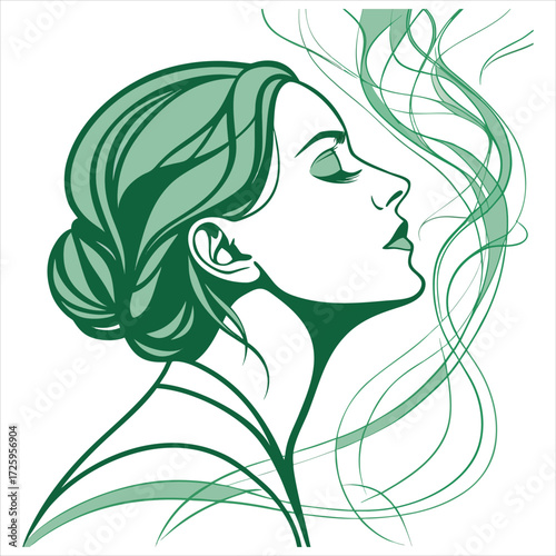 This is an artistic illustration featuring a woman's profile in green tones. Her hair is creatively depicted as a forest canopy with tree branches and leaves, seamlessly blending with the trees in the