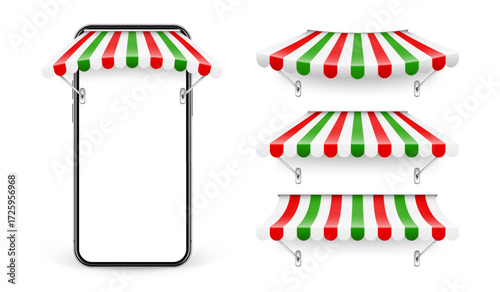 Smartphone with shop sunshade, metal mount, online internet shopping. Realistic striped cafe awning. Outdoor market tent. Roof canopy in Italian flag colors. Summer street store. Vector illustration