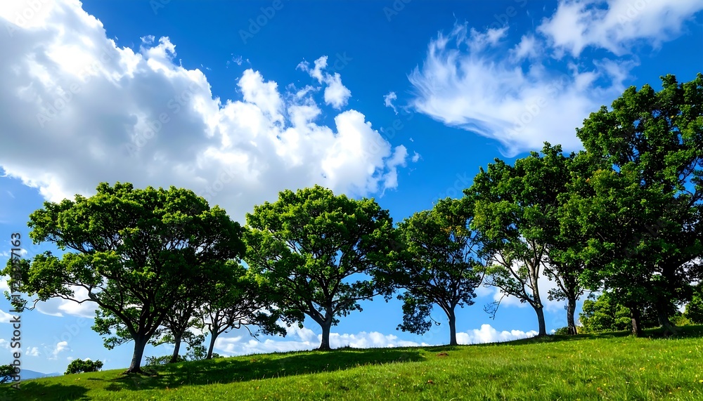 Obraz premium Lush green trees on a hill under a partly cloudy blue sky