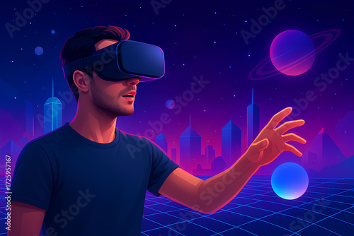 Man exploring metaverse in VR headset, surrounded by neon futuristic city and digital cosmos