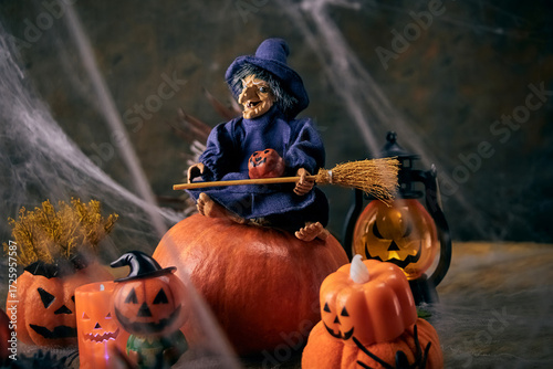 pumpkin halloween party in a cobweb forest where a witch sits on a pumpkin, and fun is happening nearby, All Saints Day, horizontal, creative focus
