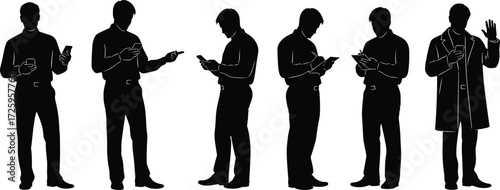 Men black silhouettes using smartphones and tablets, looking at devices, typing, and waving hand, isolated vector illustration graphic resources
