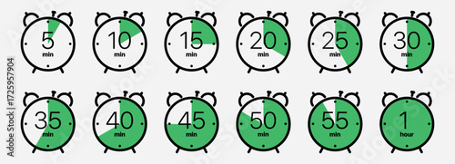 Set of circular progress indicators showing time intervals from 5 to 60 minutes in 5-minute increments, with yellow segments and black text. timer clocks with 5 minute increments from 5 to 1 hour