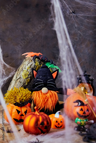 halloween, a gnome in a black cat costume dancing at a noisy spider web party in a dark forest, All Saints Day, vertical, creative focus