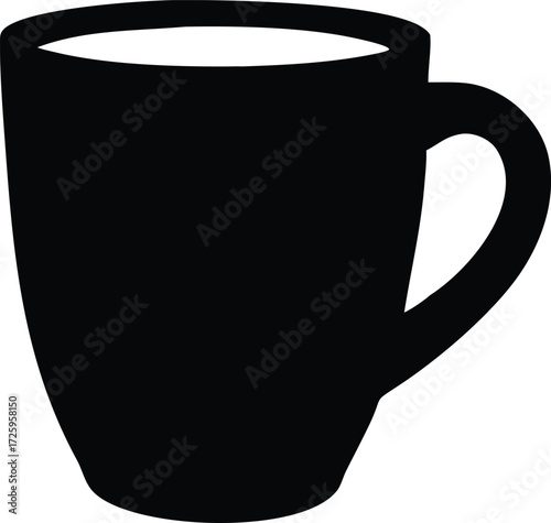 Simple black silhouette of a coffee mug with a handle and white rim ideal for morning beverage graphics