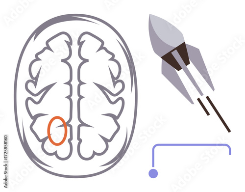 Human brain cross-section with a marked region, accompanied by a rocket and connected lines. Ideal for neuroscience, innovation, creativity, research, technology, progress education. Simple flat