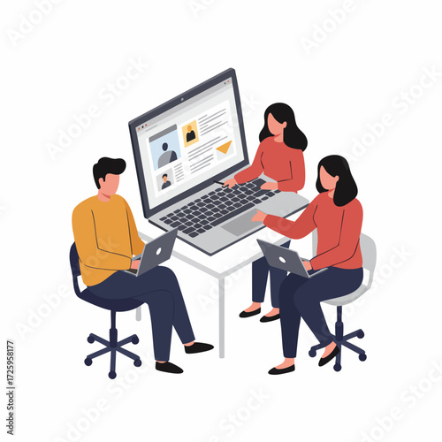 Flat Illustration Teamwork Collaboration Using a Large Laptop, Business Concept