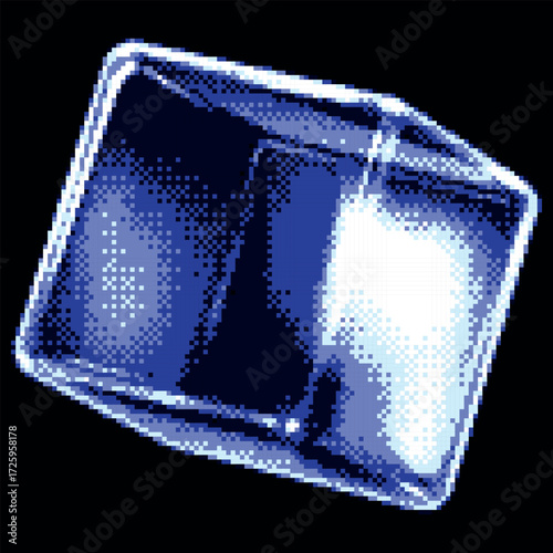 Transparent glossy crystal cube light glare pixel art, vector retro 8 bit video game 3D blue glass square cube on dark