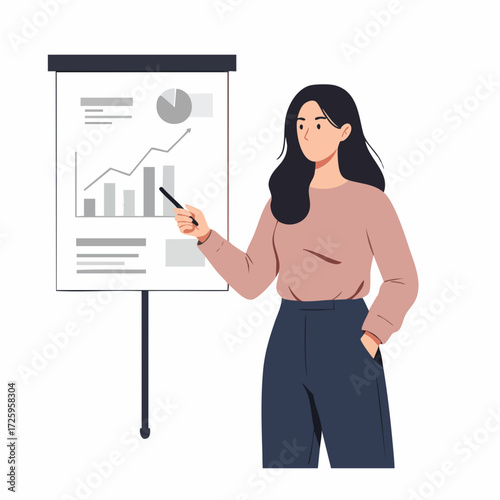 Flat Illustration of Woman Presenting Data on Whiteboard in Meeting Room