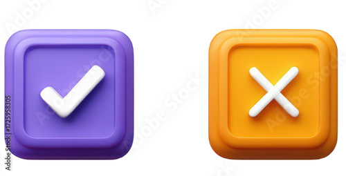 3D checkmark and cross icons for user interface selection.