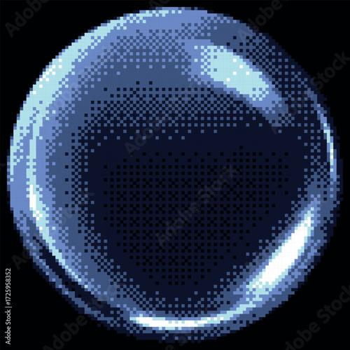Transparent glossy crystal sphere pixel art vector icon, retro 8bit blue glass glob on dark, glass ball with light glare