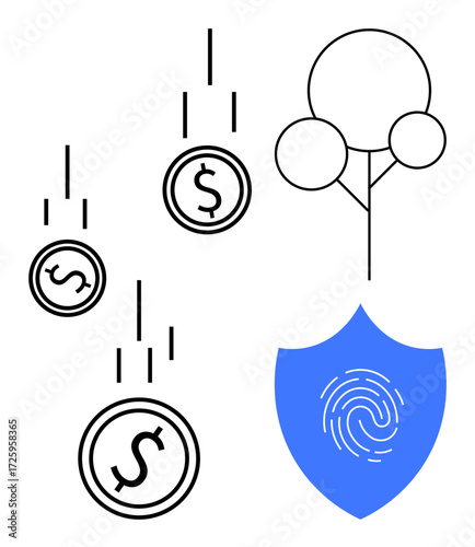 Coins falling towards tree and shield with fingerprint representing investment, wealth protection, growth, financial security, savings, digital economy, and technology integration. Ideal for fintech