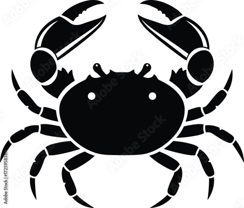 Crab black silhouette vector illustration with open pincers and eight legs, isolated marine animal graphic for various uses