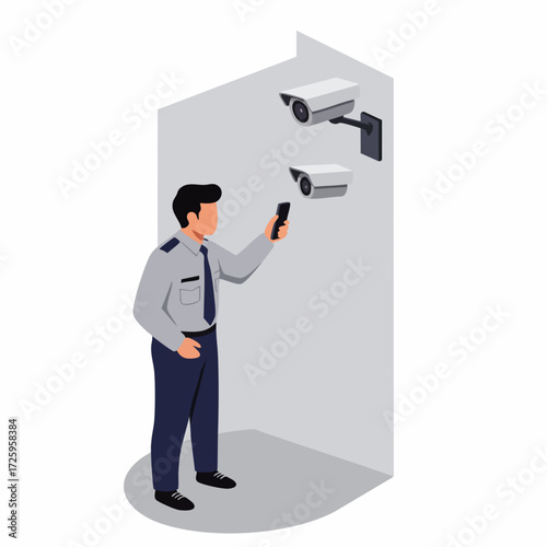 Modern Flat Style Security Guard Monitoring CCTV Camera Using Mobile Device